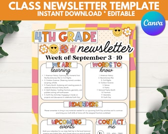 Editable Classroom Newsletter Template, Retro Classroom Decor, Back to School Flyer, Retro Teacher Newsletter Edit, Family Newsletter