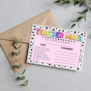 May include: A pink and white teacher mail note card with black polka dots. The card has a checklist for students to select reasons for their teacher to brag about them. The checklist includes: being a good friend, using lovely manners, working hard, being respectful, trying their hardest, following instructions, setting a good example, and other. The card also has a space for a comment.