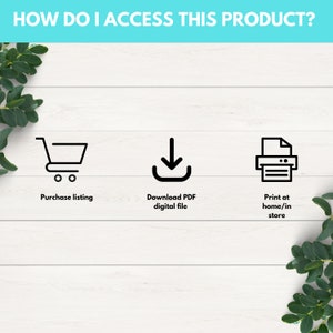 May include: A graphic showing three ways to access a digital product: purchase a listing, download a PDF file, or print at home or in a store.