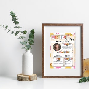 May include: Meet the teacher printable with a colorful floral design. The printable features a photo of the teacher, Mrs. Campbell, and includes information about her favorite things, hobbies, and fun facts. The printable also includes contact information for the teacher.