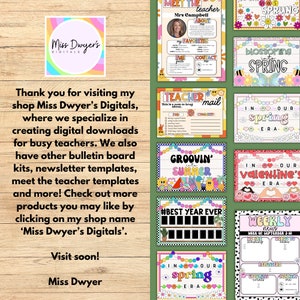 May include: A collection of colorful digital printable classroom decor featuring various themes, including "Meet the Teacher", "Teacher Mail", "Spring", "Valentine's", "Summer", "Best Year Ever", and "Weekly News".