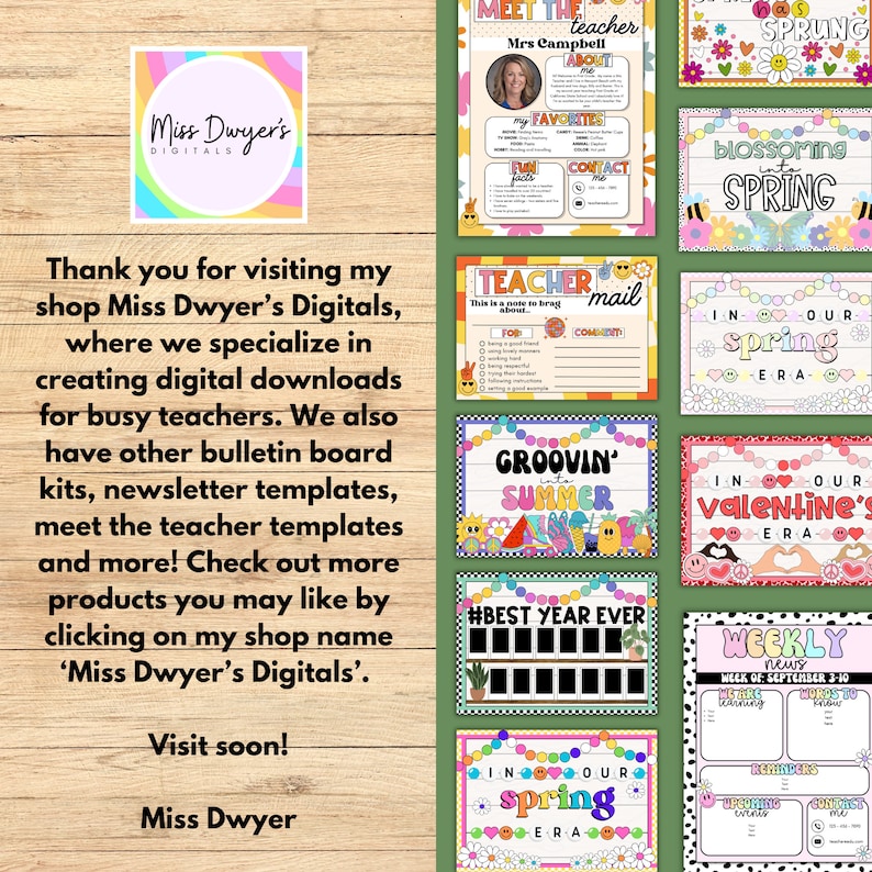 May include: A collection of colorful digital printable classroom decor featuring various themes, including "Meet the Teacher", "Teacher Mail", "Spring", "Valentine's", "Summer", "Best Year Ever", and "Weekly News".