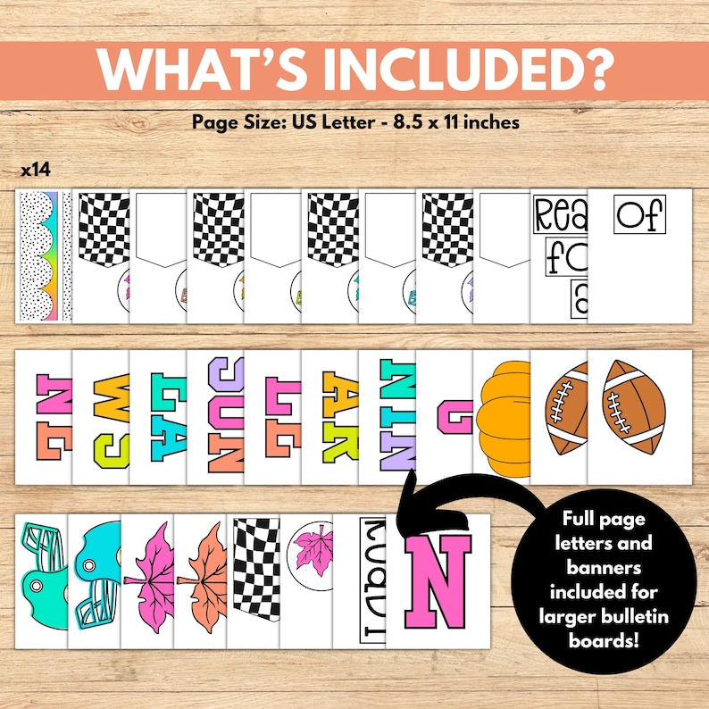 Puede incluir: Un conjunto de pancartas imprimibles para el aula para los meses del a&ntilde;o. Las pancartas presentan letras coloridas e ilustraciones, que incluyen un bal&oacute;n de f&uacute;tbol, una calabaza y una bandera a cuadros. El texto "What's Included?" y "Page Size: US Letter - 8.5 x 11 inches" tambi&eacute;n est&aacute; incluido.