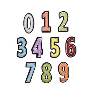 May include: Ten colourful felt patches with numbers 0 through 9. The patches are outlined in black and have a white background.