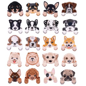 May include: A set of 16 embroidered iron-on patches featuring various dog breeds. The patches are colourful and detailed, with each dog breed depicted in a cute and playful pose.