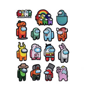 May include: A set of 16 embroidered iron-on patches featuring characters from the popular video game Among Us. The patches are in various colours and designs, including a pumpkin, a ghost, a bunny, a cowboy, and a crewmate with a top hat.