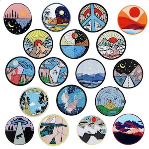 May include: Set of 16 embroidered iron-on patches featuring various nature and celestial designs. The patches are circular and feature a variety of colours, including blue, green, red, yellow, and black. The designs include mountains, trees, stars, moons, suns, and other nature-inspired elements.