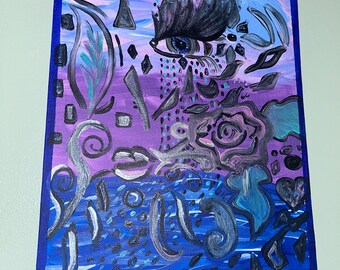 Original Semi - Abstrakte Acrylmalerei Gestreckt Leinwand Kunstwerk Wand Dekor Pink Lila Himmel Ozean Ansicht Rose Detail Design Schlafzimmer