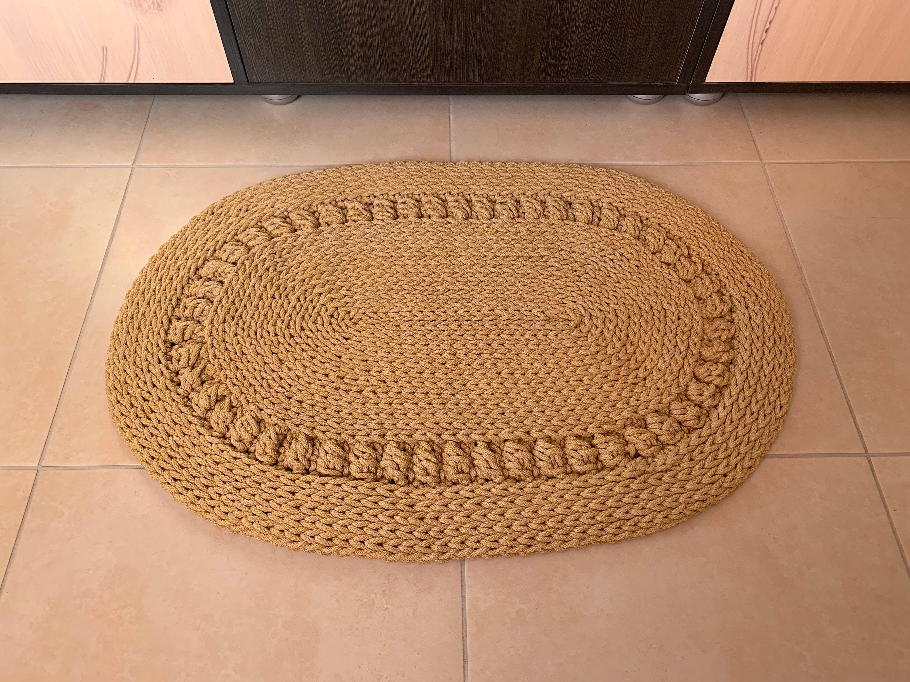 Small crochet oval bath rug 30x20 in knitted boho mustard Etsy