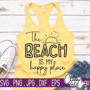 May include: A yellow tank top with the text "The Beach is my happy place" in black lettering. A stylized sun and waves are above the word "Beach".