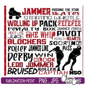 Puede incluir: Gráfico de texto negro y rojo con las palabras "Jammer", "Starting Whistle", "Rolling Up Pack", "Referee", "Penalty Box", "Jammer Circle", "Pivot Line", "The Whip", "Pivot", "Penalty Helmets", "Blockers", "Scoring", "Roller Jammer Line", "Pass", "Derby", "Win", "Block", "Lead Jammer", "Roller Captain", "NSO", "Sublimation-Print", "PNG.JPG".