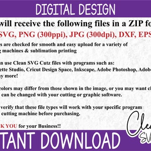 Op de afbeelding: Digitaal ontwerp met de tekst "DIGITAL DESIGN" en "INSTANT DOWNLOAD". De afbeelding bevat bestandstypen: SVG, PNG, JPG, DXF en EPS. Het vermeldt ook compatibiliteit met snijmachines en software zoals Silhouette Studio en Cricut Design Space.