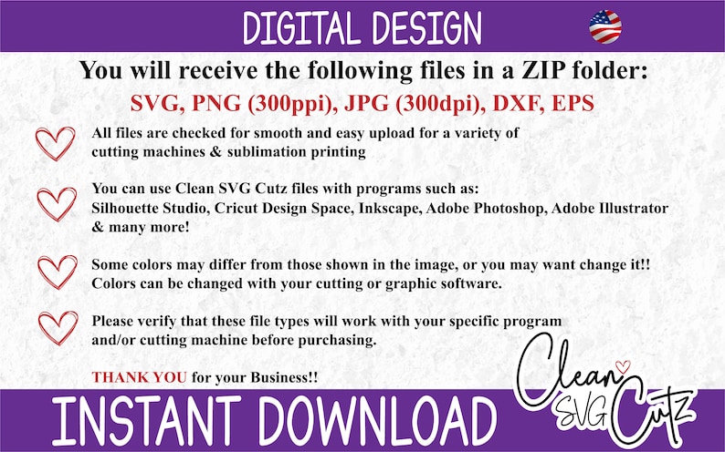 Op de afbeelding: Digitaal ontwerp met de tekst "DIGITAL DESIGN" en "INSTANT DOWNLOAD". De afbeelding bevat bestandstypen: SVG, PNG, JPG, DXF en EPS. Het vermeldt ook compatibiliteit met snijmachines en software zoals Silhouette Studio en Cricut Design Space.