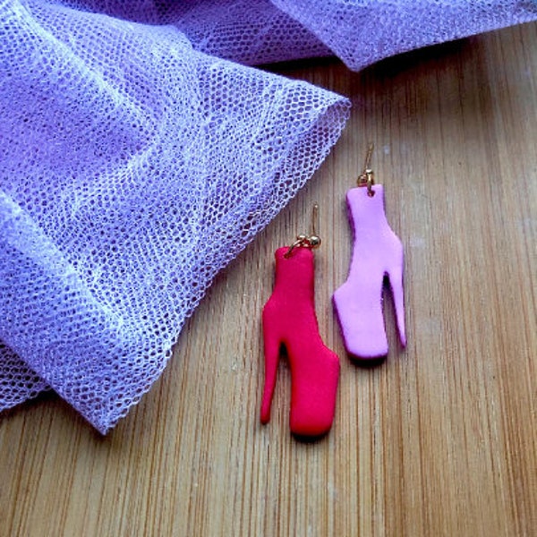 Pink and Red Kinky Fetish Boots Handmade Polymer Clay Earring Charms on 18k Gold Plated Studs