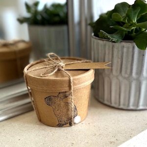 May include: A small, round, brown paper container with a lid, tied with twine and a small tag. A black illustration of a rabbit is printed on the side. A small white pom-pom is attached to the rabbit's tail. The container is next to a potted plant.