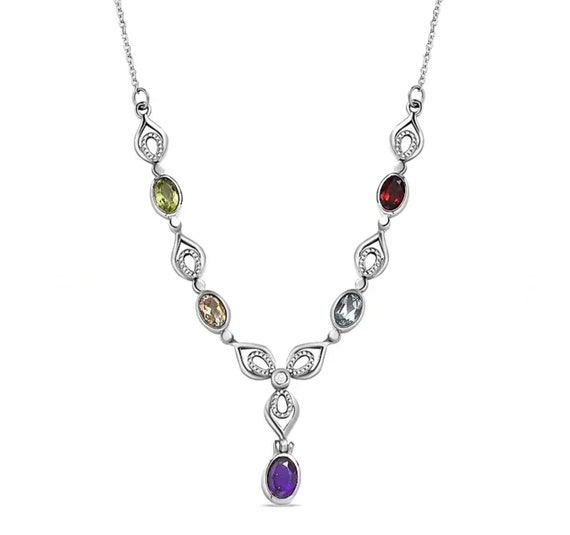 Beautiful Multicoloured Gemstones in Platinum Vermeil Necklace.