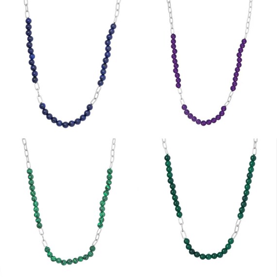 Beautiful Amethyst/Green Onyx/ Malachite or Lapis Lazuli & Silver Paperclip Design Necklace.