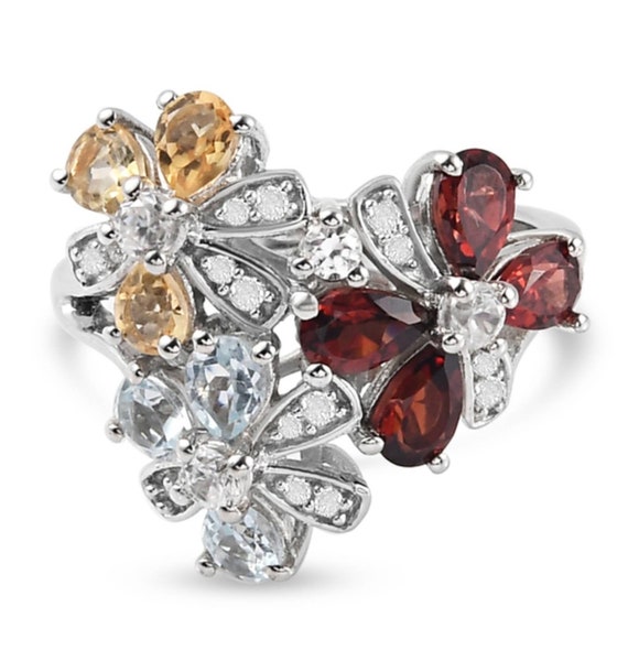 Stunning Floral Multicoloured Gemstones Statement Ring in Platinum Overlay.