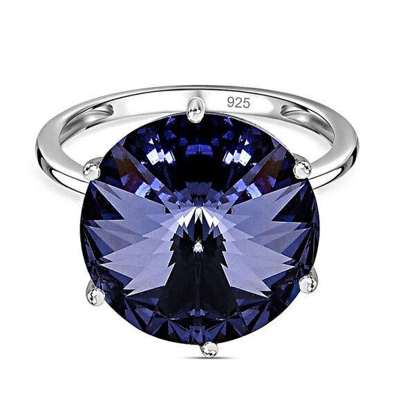 Gorgeous Tanzanite Swarovski Crystal in Platinum Vermeil Solitaire Ring.