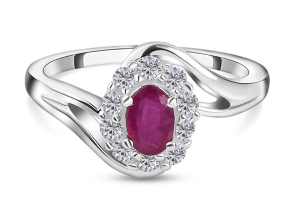 Stunning Bypass Floral Design Burmese Ruby & Natural Cambodian Zircons Ring in Platinum Filled.