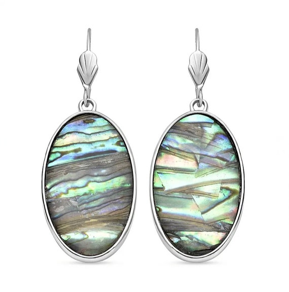 Stunning Natural Abalone Shell in Platinum Plated Oval Dangling Earrings.