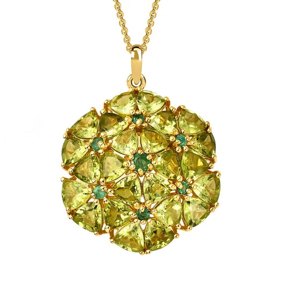 Beautiful Natural Peridots & Zambian Emeralds in 18K Yellow Gold Vermeil Pendant Necklace