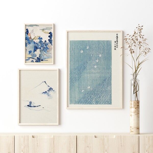 Japanese Art Set of 3 Prints, Blue Gallery Wall Set, Japanese Prints, Minimalist Japanese Wall Art, Zen Asian Mountain Gallery Wall Art Set