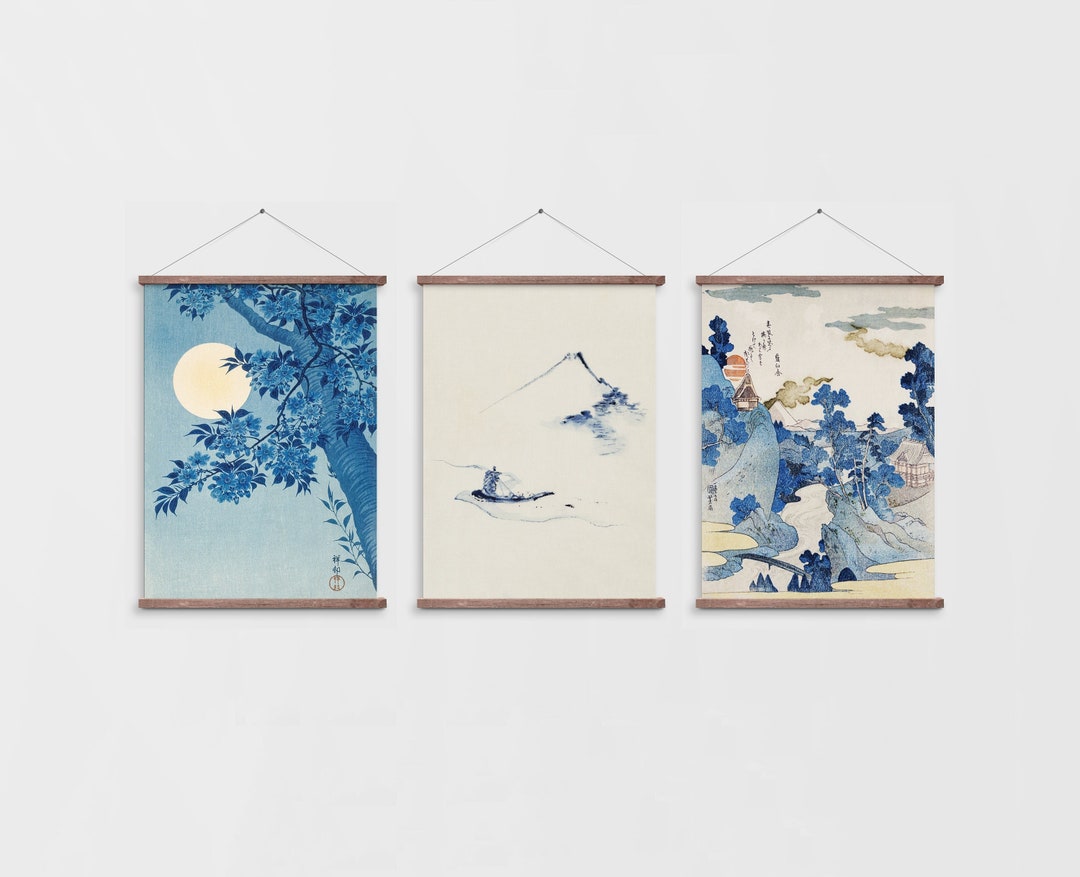 Japanese Art Set of 3 Prints Mount Fuji Blue Gallery Wall Set Etsy