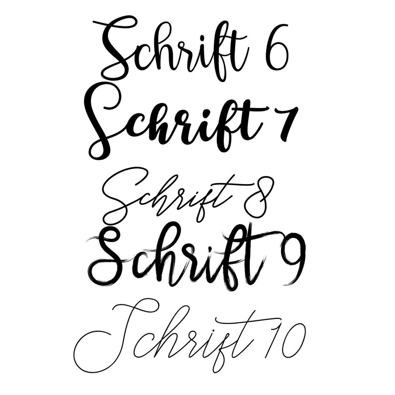 Pode incluir: Uma imagem em preto e branco de cinco fontes manuscritas diferentes, cada uma etiquetada como "Schrift" seguida de um n&uacute;mero de 6 a 10.
