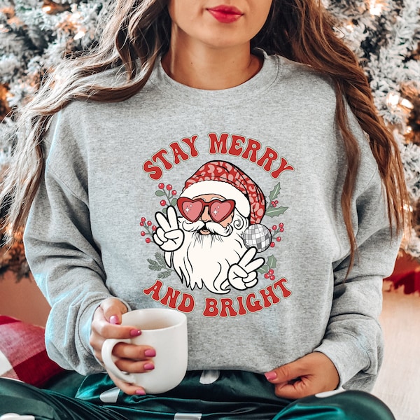Womens Christmas Sweatshirt, Stay Merry And Bright Santa Shirt, Comfort Colors, Retro Christmas Pullover, Santa Claus With Sunglasses Shirt