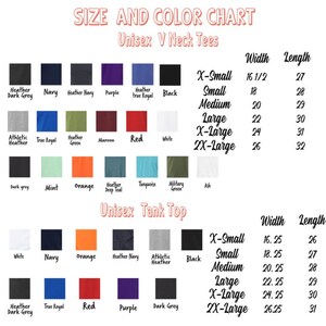 May include: Size and colour chart for unisex V-neck and tank top shirts. The chart shows the different colours and sizes available for each style. The chart also includes the width and length measurements for each size.