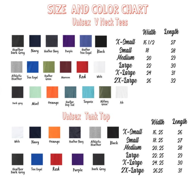 May include: Size and colour chart for unisex V-neck and tank top shirts. The chart shows the different colours and sizes available for each style. The chart also includes the width and length measurements for each size.