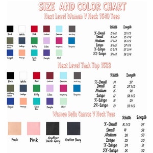 May include: Size and colour chart for women's V-neck and tank tops. The chart shows the different sizes and corresponding width and length measurements in inches. The chart also shows a variety of colours for the tops, including black, white, red, cardinal, turquoise, and more.