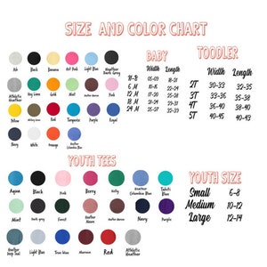 May include: Size and colour chart for baby, toddler, and youth t-shirts. The chart includes a variety of colours and sizes, with measurements in inches. The chart is divided into three sections: baby, toddler, and youth. The baby section includes sizes from newborn to 24 months. The toddler section includes sizes from 2T to 5T. The youth section includes sizes from small to large.