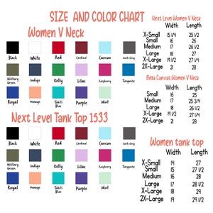 May include: Size and color chart for women's V-neck and tank tops. The chart includes measurements for different sizes, including X-Small, Small, Medium, Large, X-Large, and 2X-Large. The chart also includes a color palette with names like Black, White, Red, Cardinal, Cancun, Dark Grey, Military Green, Indigo, Kelly, Lilac, Raspberry, Turquoise, Royal, Orange, Tahiti Blue, Purple, and Mint.