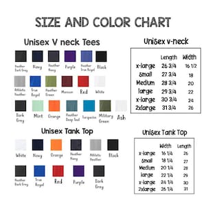 K&ouml;nnte beinhalten: Gr&ouml;&szlig;en- und Farbtabelle f&uuml;r Unisex-V-Ausschnitt- und Tanktops. Die Tabelle zeigt die verschiedenen Farben und Gr&ouml;&szlig;en, die f&uuml;r jeden Stil verf&uuml;gbar sind. Die Tabelle enth&auml;lt die Ma&szlig;e f&uuml;r L&auml;nge und Breite in Zoll.