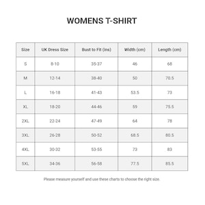 May include: A size chart for a t-shirt titled WOMENS T-SHIRT. The table lists sizes from S to 5XL, including UK dress sizes, bust measurements in inches, and width and length measurements in centimeters. Text at the bottom reads: Please measure yourself and use these charts to choose the right size.