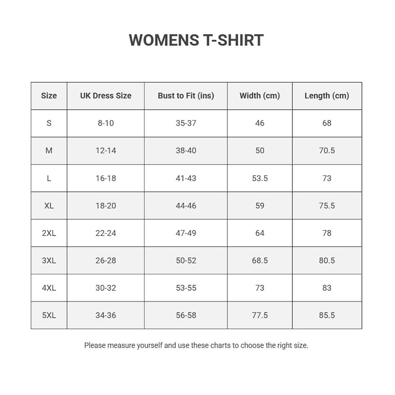 May include: A size chart for a t-shirt titled WOMENS T-SHIRT. The table lists sizes from S to 5XL, including UK dress sizes, bust measurements in inches, and width and length measurements in centimeters. Text at the bottom reads: Please measure yourself and use these charts to choose the right size.