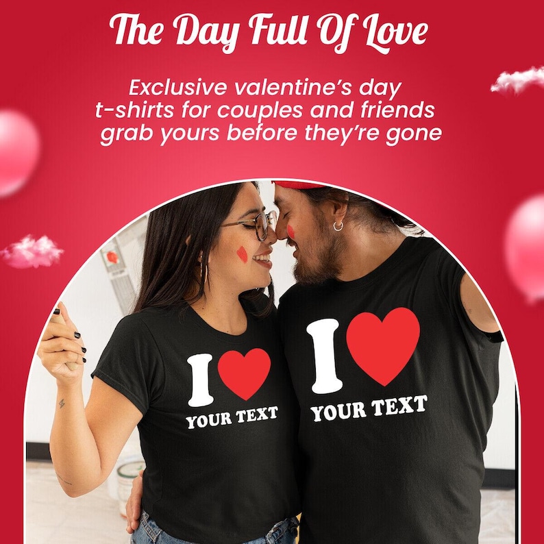 Camiseta personalizada con la frase "Te amo" / Nombre y texto personalizables / Diseño de corazón rojo / Regalo personalizado para el día de San Valentín para parejas, amigos o familiares imagen 4