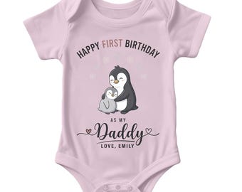 Personalised First Birthday As My Daddy Baby Bodysuit Custom Name Penguin For Boy Girl New Dad Bday Gift