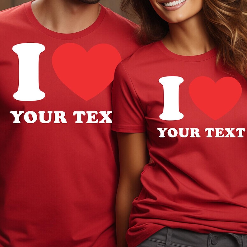 Camiseta personalizada con la frase "Te amo" / Nombre y texto personalizables / Diseño de corazón rojo / Regalo personalizado para el día de San Valentín para parejas, amigos o familiares imagen 3