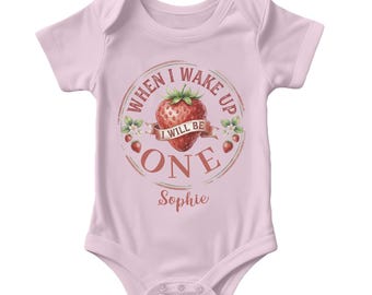 Customised First Birthday Baby Bodysuit Custom Name When I Wake Up Ill Be One Strawberry Theme 1st Bday Gift For Baby Girls Boys