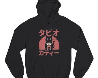 Retro Unisex Hoodie Japanese Cat Drinking Boba Anime Style Mens Womens Jumper Aesthetic Boba Tea Lover Gift