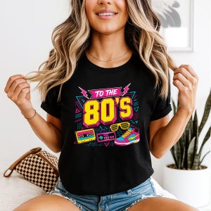 Camiseta vintage de mujer de los años 80, estilo retro, ideal para fiestas. Camiseta con estampado retro vibrante.