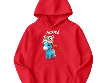 Chinese New Year Kids Hoodie Horse Graphic Boys And Girls Jumper Red Pullover Hoody