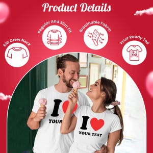 Camiseta personalizada con la frase "Te amo" / Nombre y texto personalizables / Diseño de corazón rojo / Regalo personalizado para el día de San Valentín para parejas, amigos o familiares imagen 5