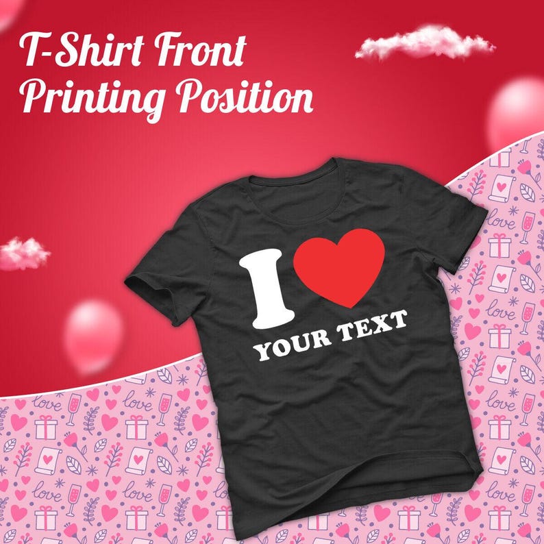 Camiseta personalizada con la frase "Te amo" / Nombre y texto personalizables / Diseño de corazón rojo / Regalo personalizado para el día de San Valentín para parejas, amigos o familiares imagen 6