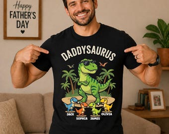 Camiseta personalizada de Daddysaurus, regalo personalizado para papá de parte de los niños, camiseta de dinosaurio para papá con nombres, regalo del Día del Padre en el Reino Unido.