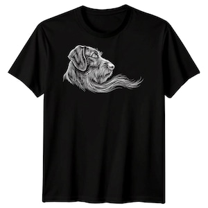 May include: A black short-sleeved t-shirt featuring a detailed white line art illustration of a dog's head in profile. The dog has a textured coat, a prominent snout, and long, flowing fur extending from the neck area across the chest.