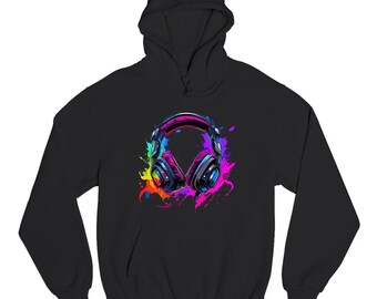 Gamer Headphones Unisex Hoodie Paint Splash Music Lover DJ Jumper For Music Enthusiasts And Gamers